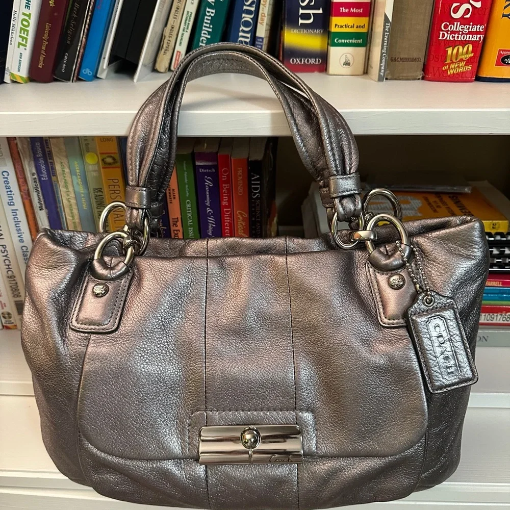 COACH Metallic Silver Leather Tote Bag with Chain Detail